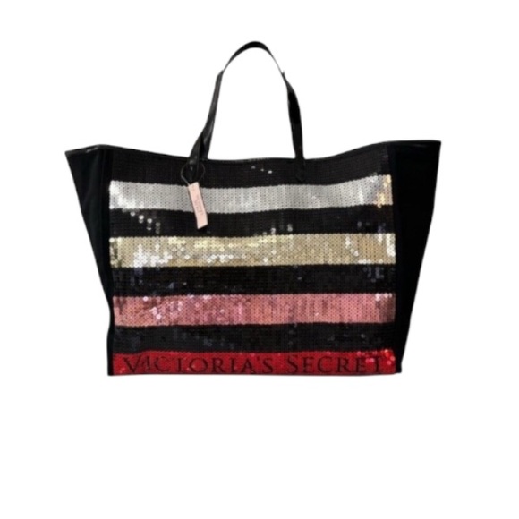 NEW Victoria Secret Sequin Striped Tote Bag - Picture 1 of 5